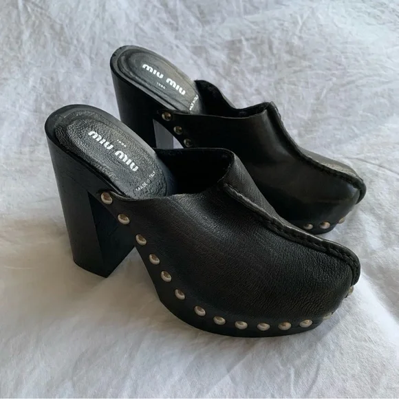 Vintage Miu Miu 1996 Leather Shearling Stud Clog Mule Heels Black - Picture 3 of 8